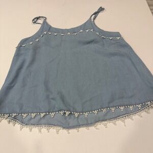 Statement Light Wash Lyocell Chambray Pom Pom Trim Cami Tank Top Womens L
